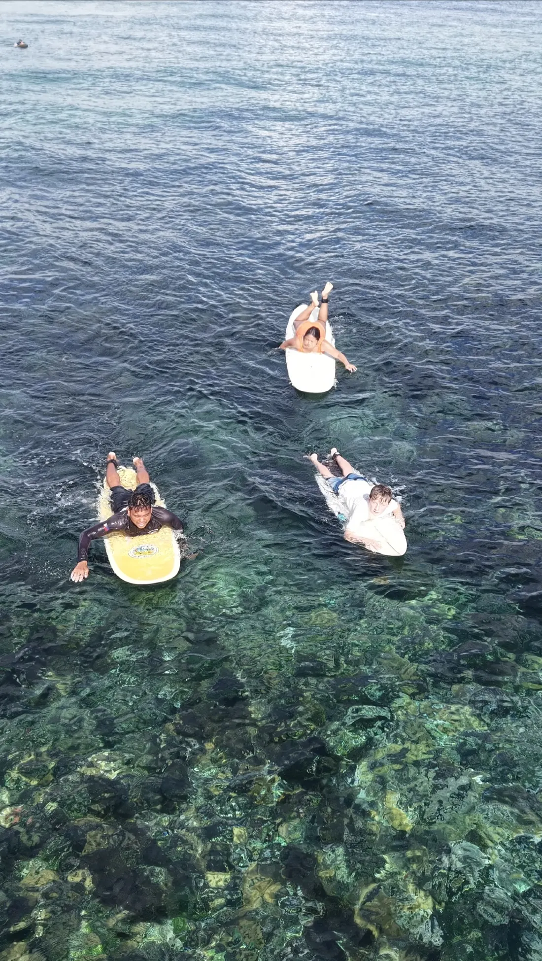 Surfers over the reef seen from the drone